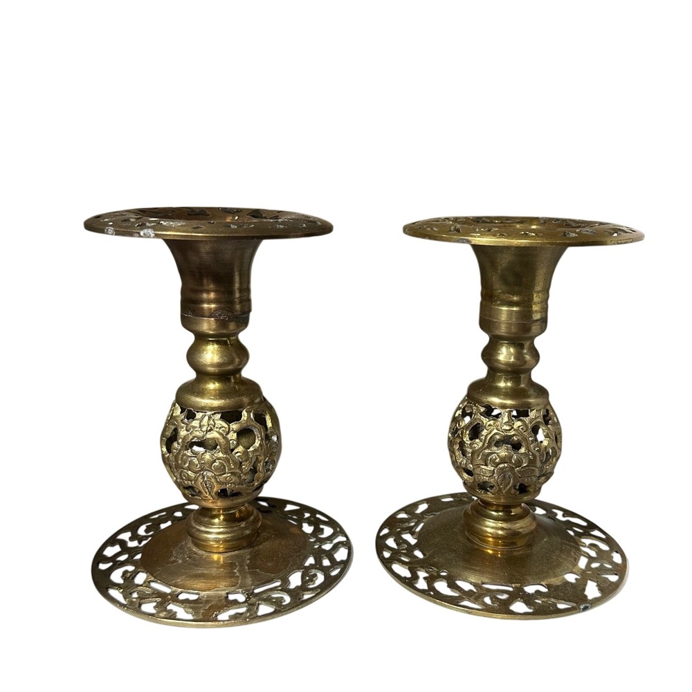 Pair of Vintage Brass Candle Holders with Pierced Cutout Base Taiwan